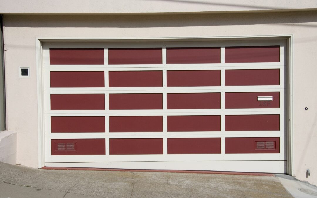 A custom garage door in red and white